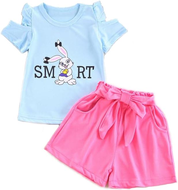 Bold N ElegantCotton Cartoon Rabbit Bunny Print Cold Shoulder T-Shirt Top & Shorts Summer Casual Clothing Set For Baby Girl's