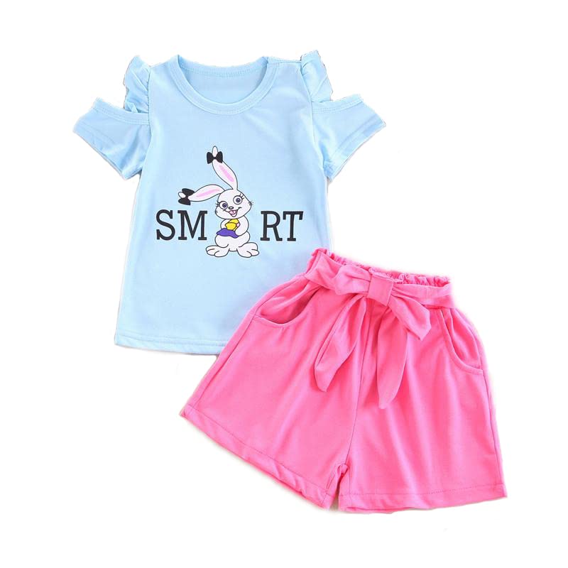 Bold N ElegantCotton Cartoon Rabbit Bunny Print Cold Shoulder T-Shirt Top & Shorts Summer Casual Clothing Set For Baby Girl's