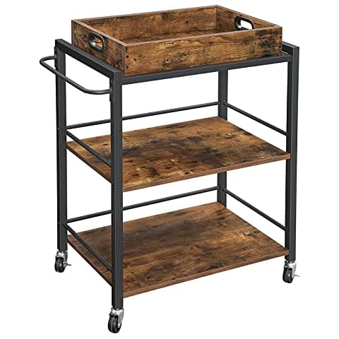 VASAGLE Rustic Kitchen Serving Cart with Tray Cover