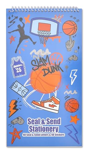 Image of iscream + Corey Paige Designs Fold and Send Boys Stationery - Basketball | 40 Pack, Fun Print, Spiral Bound, Large 10.5 inch x 5.75 inch Cards, Coordinating Sticker Sheets, Fold and Send, Summer Camp Ready