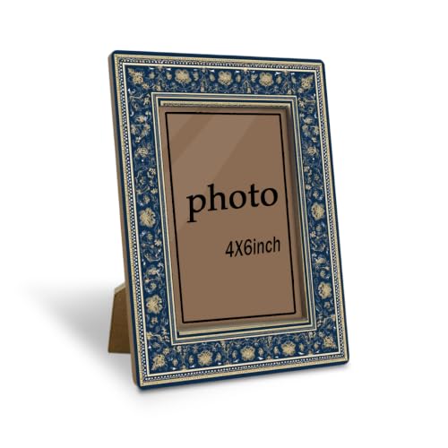EDQAWN Vintage Blue and Gold Picture Frame, Elegant Floral Pattern Picture Frame for 4x6 Inches Photo, Display on Table Top Desk, Elegant Photo Gift for Friend and Family