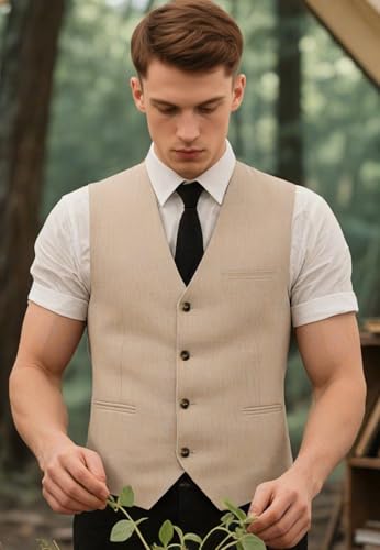 Men's Linen & Cotton Suit Vest V Neck Lightweight Vintage Regular Fit Linen Vest Beach Wedding2