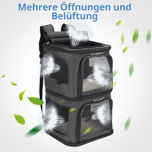 FASRIOU Katzenrucksack für 2 Katzen bis 12kg, Katzentransportbox für 2 Katzen, Große Haustier Rucksack für kleine Hunde, Katzentransporter mit Abnehmbarer Matte und atmungsaktivem Mesh, Schwarz