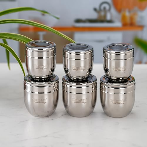 Image of Sumeet Stainless Steel Conical Shape Canisters /Dabba /Storage Containers for Kitchen with See Through Lid, Set of 6 Pcs, (150ml-6cm Dia-3Pc & 250ml-7cm Dia-3Pc), Silver