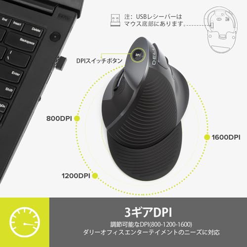 DELUX 無線エルゴノミクスマウス 2.4G、Bluetooth の 2 モード 充電式 静音 縦型マウス、取り外し可能リストレスト 1600DPI、6ボタン、手の疲れに、PC/ラップトップ用（M618G DB -ブラックグレー）