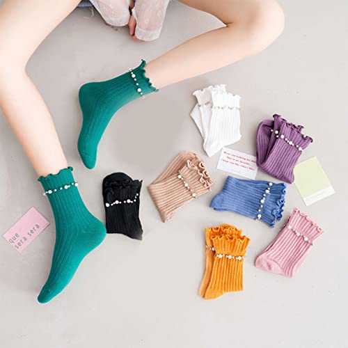 Women Ribbed Cotton Socks with Pearls Beaded Ruffled Trim Solid Hosiery Black4
