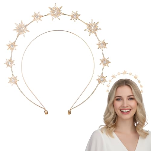 Tweruna Gold Halo Headband Crystal Star Halo Crown 4.9 Inches Diameter Gold Rhinestone Goddess Crown Headpiece Glitter Tiaras for Women Bridal Wedding Cosplay Party Hair Accessories
