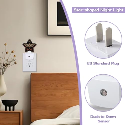 Image of Black Poppy Moth Nightlights Plug in Wall,Mushroom Moon Decorative Star Lamp with Automatic Lighting for Living Space,Gentle Glow for Kids Room,Hallway,Bathroom