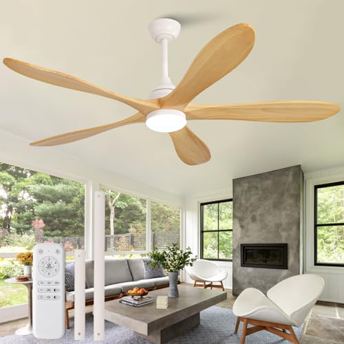 Image of OKDNEG 60 Inch Ceiling Fans with Lights and Remote, 5 Wood Fan Blades Ceiling Fan,3CCT Dimmable,Timer,Quiet DC Motor,6 Speed,Indoor Outdoor Ceiling Fan for Offices Farmhouse Gazebo Patio