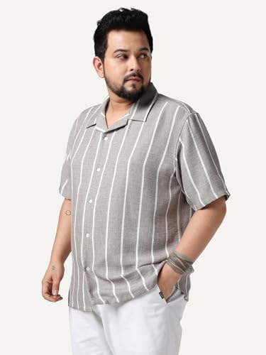 Image of Urbano Plus Men's Cotton Half Sleeve Relaxed Fit Linen Striped Shirt with Cuban Collar