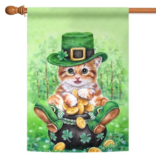Toland Home Garden Clover Kitty-Decorative Cute de Gato Gato Leprechaun Oro trébol Bandera de Jardín, Tela, House-L-28 x 40"