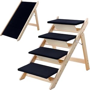 Wood Dog Stairs/Pet Steps, 2-in-1 Foldable Wooden Pet Ramp with Non-Slip Pet Stairs for Small to Medium for Bed,Sofa, Couch, Car, Indoor Pet Dog Cat 4 Steps Stairs Ladder Up to 110 Pounds
