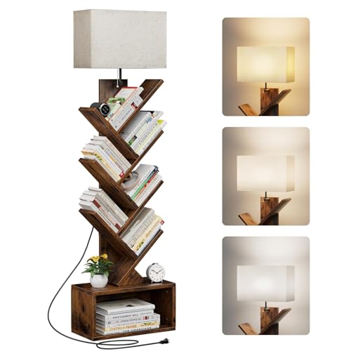 Bestbless 6 Tier Tree Bookshelf with Light, Narrow Bookcase Tower, Tall Floor Standing Book Organizer with Storage Cabinet for Living Room, Bedroom and Home Office, Rustic Brown