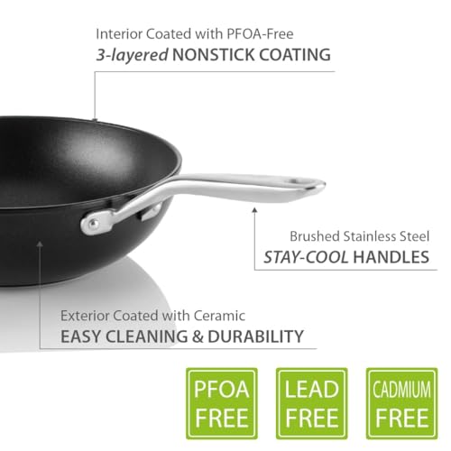 Image of TECHEF - Onyx Collection, 12 inch Nonstick Flat Bottom Wok /Stir-Fry Pan with Glass Lid, PFOA Free, Dishwasher and Oven Safe, Made in Korea