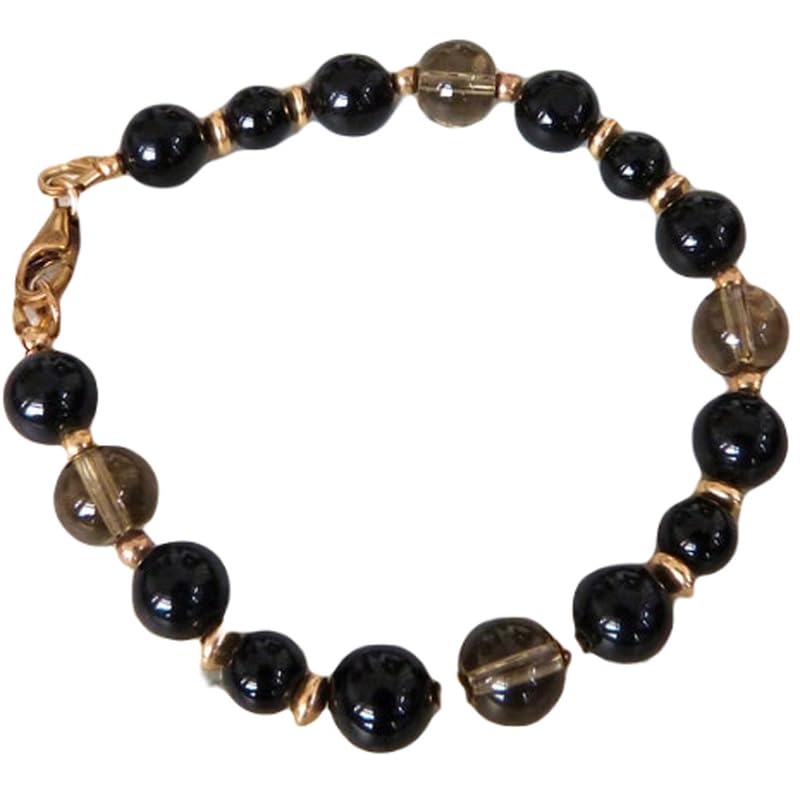 Bracelet onyx noir et quartz fumé 17,8 cm, un bijou en pierre lisse confortable et mixte