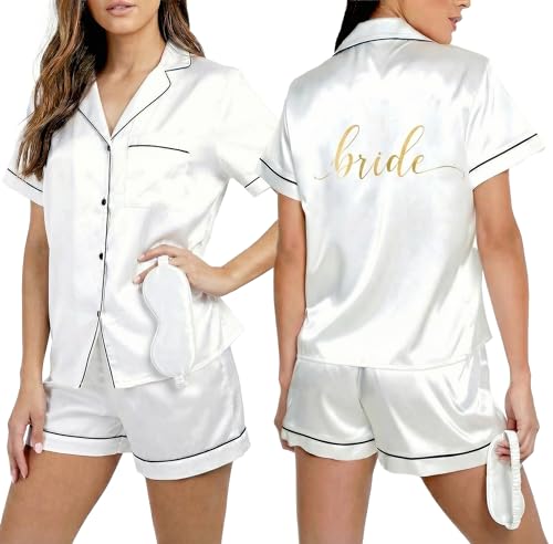 Heather & Willow Bride Pajamas Set + Eye Mask for Wedding Day | Bride Tribe Pjs to Be | Satin PJ Bridal Shower Bachelorette Party Gifts White