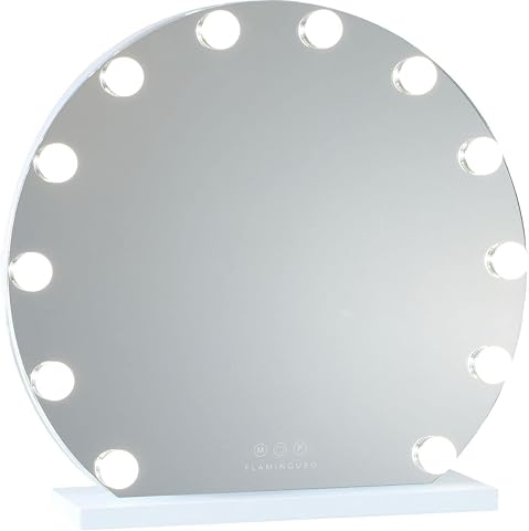 Flamingueo Espejo Maquillaje con Luz Redondo - 12 LED - 3 Modos de Luz - Intensidad Ajustable - Control Táctil - Vanity Mirror - Espejo Tocador - Blanco - 50x12x47cm