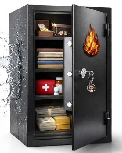 [𝟐𝟎𝟐𝟔 𝐍𝐞𝐰] 60-Min Fire Proof Safe for Home Documents, 23.69'' Tall Home Safes Water and Fireproof with Mechanical Lock, Removable Shelf, 1700°F Fire Safe for Money, Office Files, Valuables