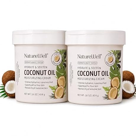 NATURE WELL Coconut Oil Moisturizing Cream for Dry Skin – Deep Hydration Lotion for Face, Body & Hands, Spa Quality Skincare, Softens & Smooths, Non-Greasy, Fast Absorbing, Scented, 16 Oz (Pack of 2)