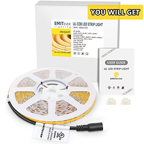 Image of EMITEVER COB LED Strip Lights Warm White, 2700K Tape Light Premium High Density, DC 24V, 305+Lumens /ft, 1200LEDs /Spool, Ra 90+, 8.2ft, 3W /ft, UL Listed 5 Year Warranty (Power Supply Sold Separately)