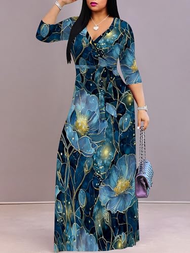Image of Plus Size Dresses for Women Floral Print Maxi Dress Flowy 3 /4 Sleeve with Belt