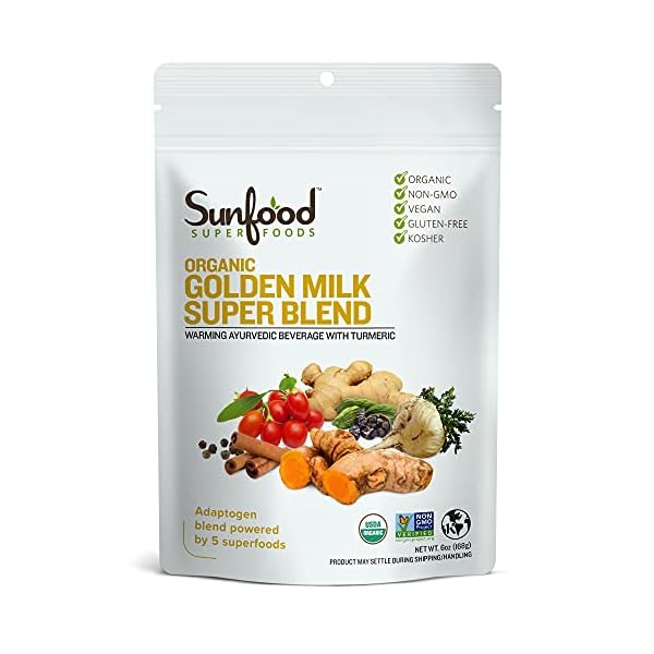 Sunfood Golden Milk Super Blend – Organic Turmeric Latte + Superfoods: Ginger, Maca, Goji, & More | All- Natural…
