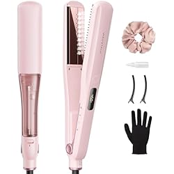 Wavytalk Steam Hair Straightener, Steam Sesh, Steam Reduces Damage, Nourishes Hair & Expedites Straightening, 1.38'' Nano Titanium Flat Iron with Detachable Comb for Silk Press Smoothing, Sakura Pink