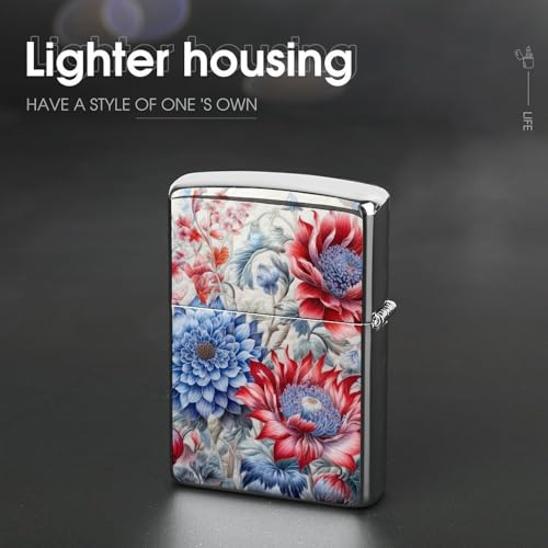 Funda para Encendedor Flores Rojas y Azules de Metal miniatura 4