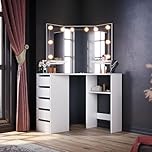 ELEGANT Corner Dressing Table with Hollywood LED Lights, Adjustable Brightness, White Makeup Vanity Desk with 3 Angle Mirror and 5 Drawers, Large Storage Vanity Table for Girls, Women Bedroom