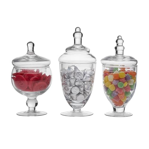 ELEMENTS Set of 3 Clear Glass Apothecary Jars with Lids - 10, 9.5, 8.5 Inch Graduated Heights - Kitchen Storage Containers for Candy, Spices, Bath Salts, Cotton Balls