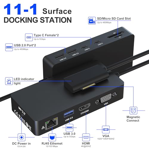 New Microsoft Surface Dock Triple Displays 4K@60HZ HDMI+VGA, 11 in 1 Surface Docking Station for Microsoft Surface Pro 11/10/9/8/X/7/6/5/4/3,Surface Laptop 7/6/5/4/3/2/1,Surface Book Go