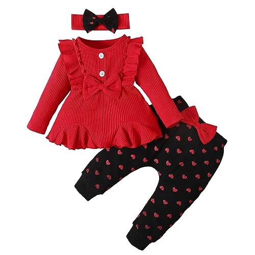Rosibel Baby girl clothes Toddle clothes for girl fall winter Solid Color long sleeve ruffle Tops Pants with Headband Outfits sets 3-24M(Red 3-6M)