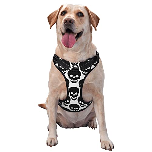 Soft Padded Dog Harness Vest for Small Medium Large Dogs, Reflective Puppy Dog Harness Black Skull White, No Pull Puppy Dog Pet Vest Leash Set for Walking Training Running