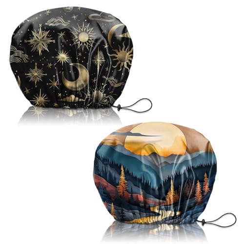 Deokke 2 PCS Shower Cap Reusable Waterproof Adjustable Double Layer Elastic Dry Hair Bathing Caps Aesthetic Cute for Women Girls-Sun Moon Sunset
