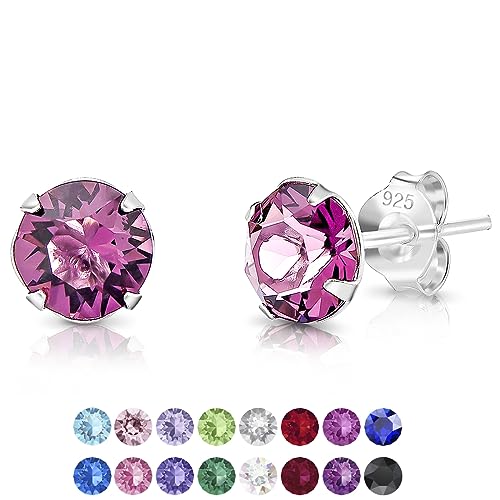 DTPSilver - Damen Ohrringe 925 Sterling Silber mit Kristallen 6 mm Runde Ohrstecker - Farbe : Amethyst