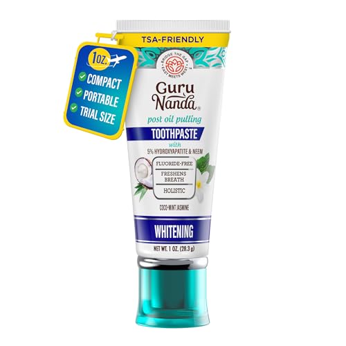 GuruNanda Travel Toothpaste with Hydroxyapatite Travel-Size Toothpaste to Whiten Teeth & Freshen Breath TSA-Friendly Portable Compact Fluoride Free Natural CocoMint Jasmine Neem 1 oz