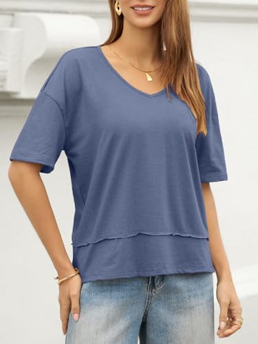 Image of UNCLECAT Womens V Neck T Shirts Summer Trendy Loose Fit Casual Tops Tees