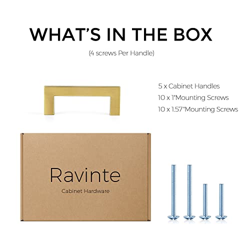 Image of Ravinte Gold Cabinet Handles Square Cabinet Pulls, 3 Inch CC, 5 Pack | Stainless Steel Hardware Pulls, Smooth Bar Grip, Kitchen Cabinet Update, For Cabinets, Cupboards, Drawers, Furniture Projects