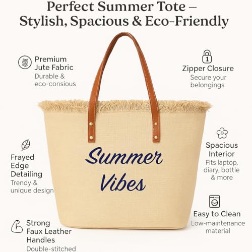 Image of GRECIILOOKS Eco Canvas Boho Tote Bag for Women, Spacious Jute Handbag with Faux Leather Straps, Frayed Edge & Floral Print, Lightweight Shoulder Bag for Beach Travel Shopping Work