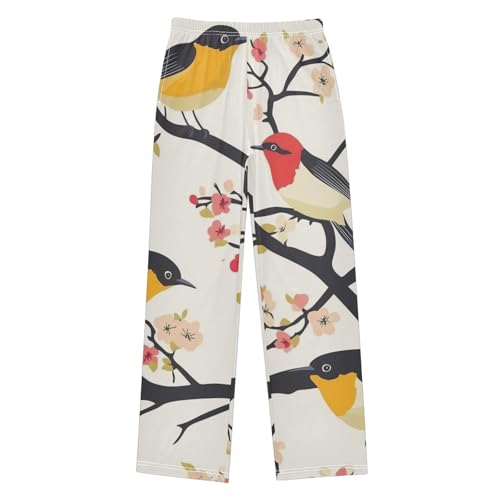 Bird Plum Florals Boys Long Pants Soft Trousers Elastic Waist Kids Lounge Bottoms with Pockets S-XL