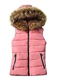 BOFETA Women Winter Faux Fur Hooded Trim Solid Vests Stand Collar Pockets Down Vest Plus Size PK S