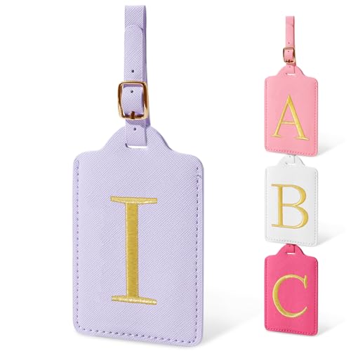 Image of Initial Letter Luggage Tags for Suitcases, Embroidered Monogrammed Suitcase Luggage Identifier Name Tag, PU Leather TSA Approved Luggage Tags, Bag Tags for Men Women Kids Luggage Handbags(Purple I)