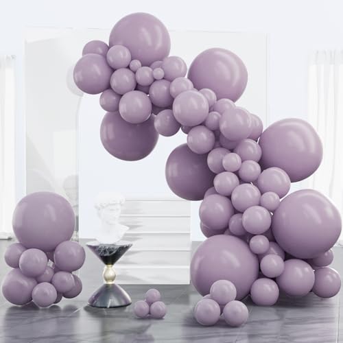Image of PartyWoo Dusty Purple Balloons 100pcs Different Sizes Pack of 18 12 10 5 Inch Lavender Lilac Boho Neutral Balloon Arch Kit for Baby Shower Graduation Cat Tornado Birthday Party Decorations Purple-F33
