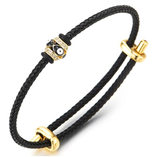 COOLSTEELANDBEYOND Steel Black Rope Bracelet with Gold Color CZ Eye Charm Adjustable Spiritual Jewelry