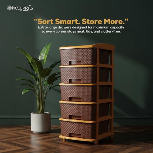 Image of PrettyKrafts 5-Tier Plastic Storage Drawer Organizer | Modular Chest of Drawers & Toy Storage Box for Kids Room, Home, Kitchen & Office | Multipurpose Cabinet Unit (Brown, 36x39x77 cm)