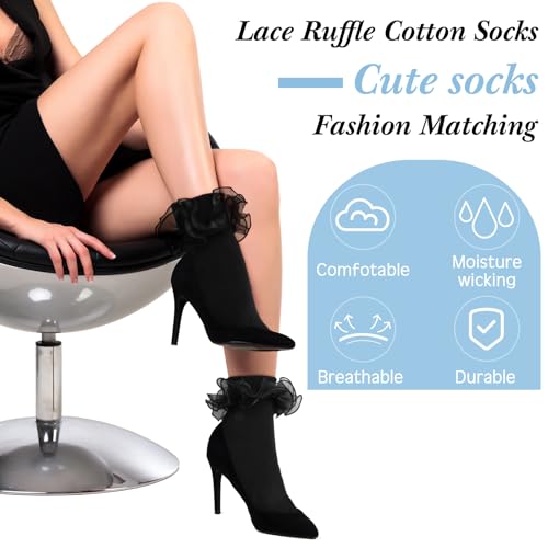 Image of Geyoga 3 Pairs Women Big Ruffle Socks Turn Cuff, Double Lace Ankle Cotton Frilly Socks for Ladies Summer