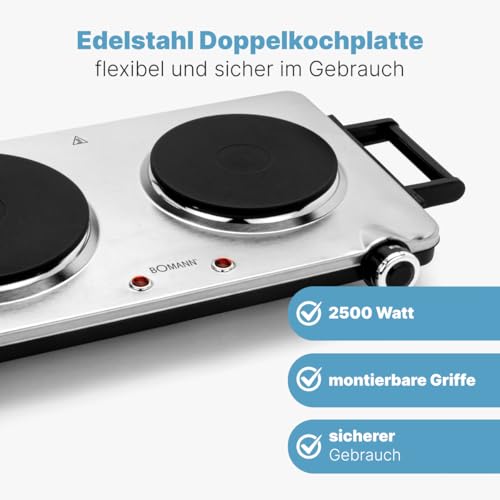 Bomann® Edelstahl-Doppelkochplatte | Kochplatte mit 2 Kochfeldern | 2500W | elektrische Herdplatte mit Cool Touch-Griffen | Kochfelder mit Überhitzungsschutz | DKP 5033 CB – Bild 5
