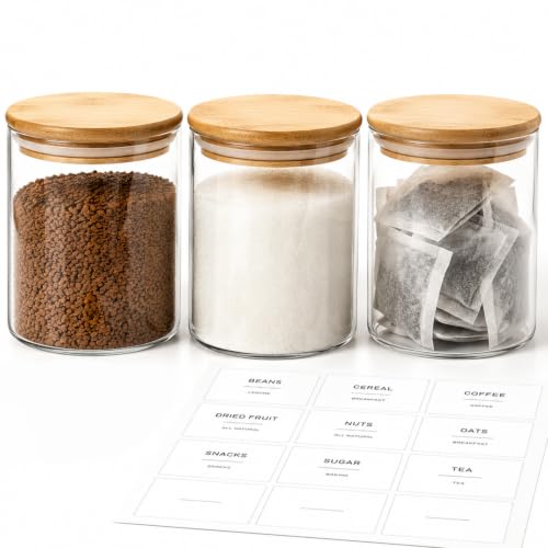 Image of ComSaf 750ml Glass Tea Coffee and Sugar Canisters Set of 3, Glass Jars with Bamboo Lids & Blank Labels for Kitchen Storage, Coffee Station, Pantry Organisation, Dry Food, Cereal, Spice, Snacks, Beans