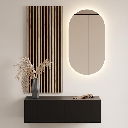 Planetmöbel Flur Möbel Garderobe 1x 100cm schwarz, Wandpaneel 50cm Gold Eiche/Anthrazit mit Spiegel 50cm (ohne LED), Wandgarderobe 32,5H x 100B x 37,8T cm