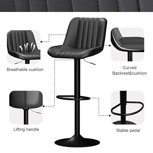 JAMFLY Bar Stools Set of 2, Swivel Bar Height Chairs Set of 2, Adjustable Tall Leather Bar Stools for Kitchen Island, Black - Thumbnail 4